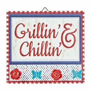 The Pioneer Woman Grillin and Chillin Sign Teal Butterfly Red Rose Knobs Wood